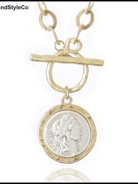Gold Plated Roman Coin Pendant Necklace Women 18 Inch Chain Toggle Clasp
